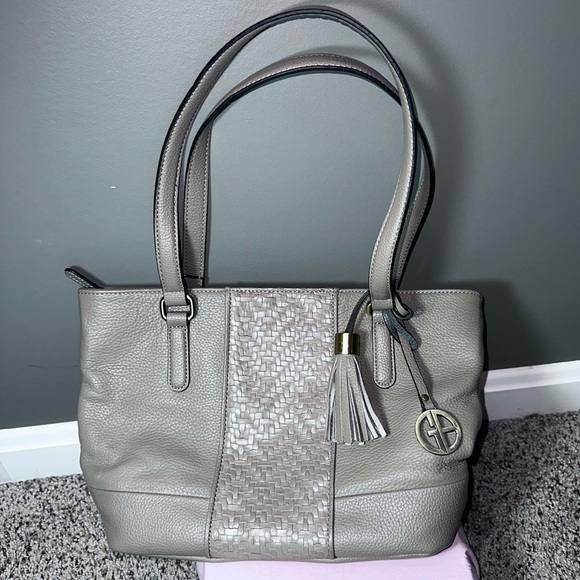 Giani Bernini Handbags - Giani Bernini Taupe Pebbled Leather Tote Bag with Tassel & Woven Accent